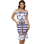 Anchor Background Design Off Shoulder Ruffle Split Hem Bodycon Dress