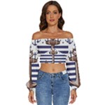 Anchor Background Design Long Sleeve Crinkled Weave Crop Top