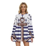 Anchor Background Design Round Neck Long Sleeve Bohemian Style Chiffon Mini Dress