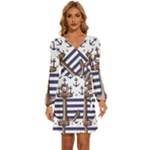 Anchor Background Design Long Sleeve Waist Tie Ruffle Velvet Dress