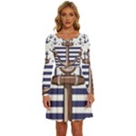 Anchor Background Design Long Sleeve Wide Neck Velvet Dress