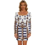 Anchor Background Design Long Sleeve Square Neck Bodycon Velvet Dress