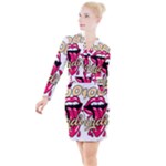 Music Hip Hop Text Black White 3d Button Long Sleeve Dress
