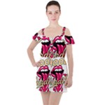 Music Hip Hop Text Black White 3d Ruffle Cut Out Chiffon Playsuit