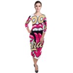 Music Hip Hop Text Black White 3d Quarter Sleeve Midi Velour Bodycon Dress