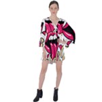 Music Hip Hop Text Black White 3d V-Neck Flare Sleeve Mini Dress