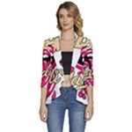 Music Hip Hop Text Black White 3d Women s 3/4 Sleeve Ruffle Edge Open Front Jacket