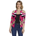 Music Hip Hop Text Black White 3d Women s Draped Front 3/4 Sleeve Shawl Collar Jacket