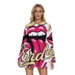 Music Hip Hop Text Black White 3d Round Neck Long Sleeve Bohemian Style Chiffon Mini Dress