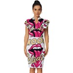 Music Hip Hop Text Black White 3d Vintage Frill Sleeve V-Neck Bodycon Dress