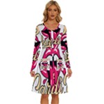 Music Hip Hop Text Black White 3d Long Sleeve Dress With Pocket