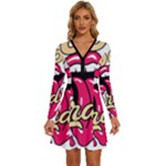 Music Hip Hop Text Black White 3d Long Sleeve Deep V Mini Dress 