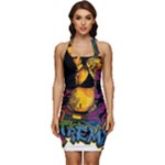 Xtreme Skateboard Graffiti Sleeveless Wide Square Neckline Ruched Bodycon Dress