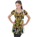 Cowboy Skeleton With Gun Illustration Puff Sleeve Tunic Top