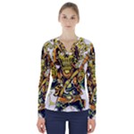 Cowboy Skeleton With Gun Illustration V-Neck Long Sleeve Top