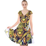 Cowboy Skeleton With Gun Illustration Cap Sleeve Front Wrap Midi Dress