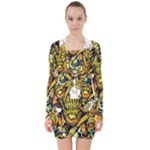 Cowboy Skeleton With Gun Illustration V-neck Bodycon Long Sleeve Dress
