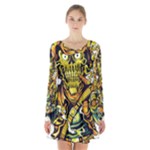 Cowboy Skeleton With Gun Illustration Long Sleeve Velvet V-neck Dress