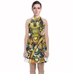 Cowboy Skeleton With Gun Illustration Velvet Halter Neckline Dress 