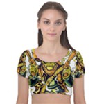 Cowboy Skeleton With Gun Illustration Velvet Short Sleeve Crop Top 