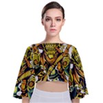 Cowboy Skeleton With Gun Illustration Tie Back Butterfly Sleeve Chiffon Top