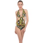 Cowboy Skeleton With Gun Illustration Halter Front Plunge Swimsuit