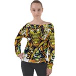 Cowboy Skeleton With Gun Illustration Off Shoulder Long Sleeve Velour Top
