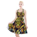 Cowboy Skeleton With Gun Illustration Halter Party Swing Dress 