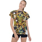 Cowboy Skeleton With Gun Illustration Ruffle Collar Chiffon Blouse