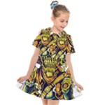 Cowboy Skeleton With Gun Illustration Kids  Short Sleeve Shirt Dress