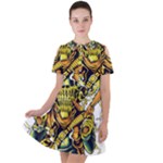 Cowboy Skeleton With Gun Illustration Short Sleeve Shoulder Cut Out Dress 