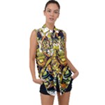 Cowboy Skeleton With Gun Illustration Sleeveless Chiffon Button Shirt