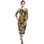 Cowboy Skeleton With Gun Illustration Quarter Sleeve Midi Velour Bodycon Dress