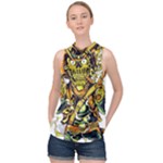 Cowboy Skeleton With Gun Illustration High Neck Satin Top