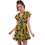 Cowboy Skeleton With Gun Illustration Flutter Sleeve Wrap Dress