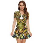 Cowboy Skeleton With Gun Illustration V-Neck High Waist Chiffon Mini Dress
