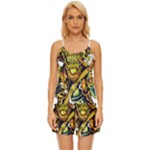 Cowboy Skeleton With Gun Illustration Satin Pajama Short Set