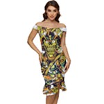 Cowboy Skeleton With Gun Illustration Off Shoulder Ruffle Split Hem Bodycon Dress