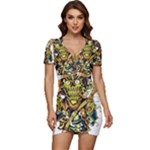 Cowboy Skeleton With Gun Illustration Low Cut Cap Sleeve Mini Dress