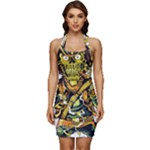 Cowboy Skeleton With Gun Illustration Sleeveless Wide Square Neckline Ruched Bodycon Dress