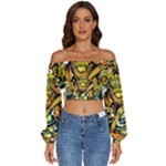 Cowboy Skeleton With Gun Illustration Long Sleeve Crinkled Weave Crop Top