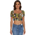 Cowboy Skeleton With Gun Illustration Short Sleeve Square Neckline Crop Top 