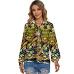 Cowboy Skeleton With Gun Illustration Women s Long Sleeve Button Up Shirt