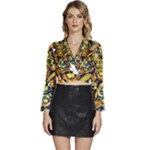 Cowboy Skeleton With Gun Illustration Long Sleeve Tie Back Satin Wrap Top