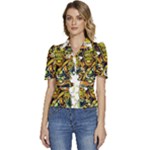 Cowboy Skeleton With Gun Illustration Puffed Short Sleeve Button Up Jacket