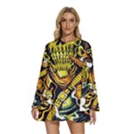 Cowboy Skeleton With Gun Illustration Round Neck Long Sleeve Bohemian Style Chiffon Mini Dress