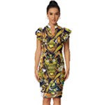 Cowboy Skeleton With Gun Illustration Vintage Frill Sleeve V-Neck Bodycon Dress