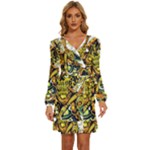Cowboy Skeleton With Gun Illustration Long Sleeve Waist Tie Ruffle Velvet Dress