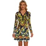 Cowboy Skeleton With Gun Illustration Long Sleeve Deep V Mini Dress 