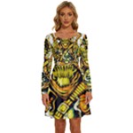 Cowboy Skeleton With Gun Illustration Long Sleeve Wide Neck Velvet Dress